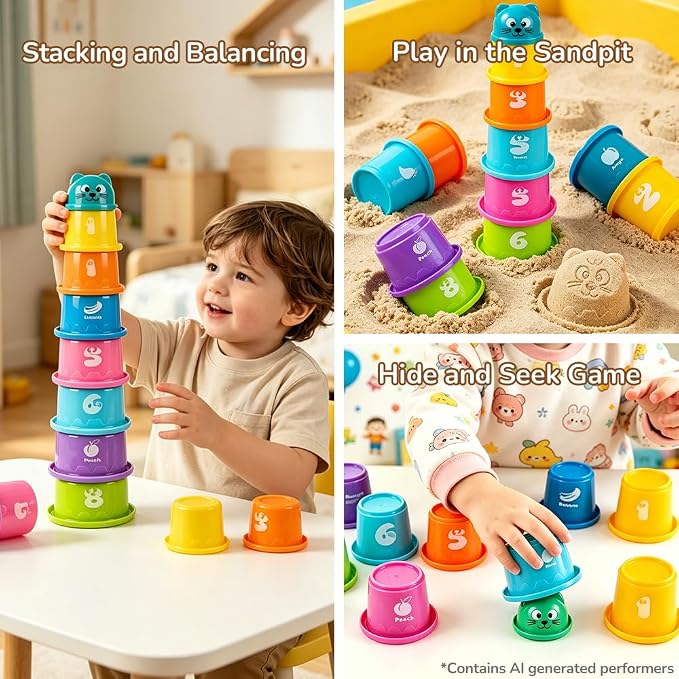 4 in1 Montessori Toys for 1 Year Old,17 Pcs Boys Girls 1st Birthday Gifts, Stacking Cups,Shape Sorter,Multi Sensory Shapes for Babies Early Educational Baby Travel Toys for Toddler 6-12 Months