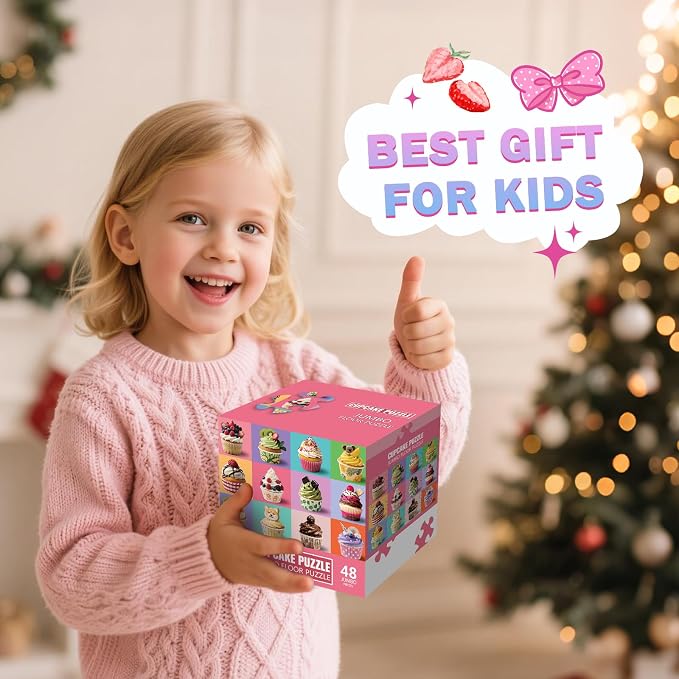Jumbo Floor Puzzle for Kids,48 Piece Cupcake Jigsaw Puzzle Ages 3-8 | Dessert-themed Learning Puzzle with Decorated Cupcakes,Extra-thick Cardboard,35x24 in Completed,Gift for Boys and Girls