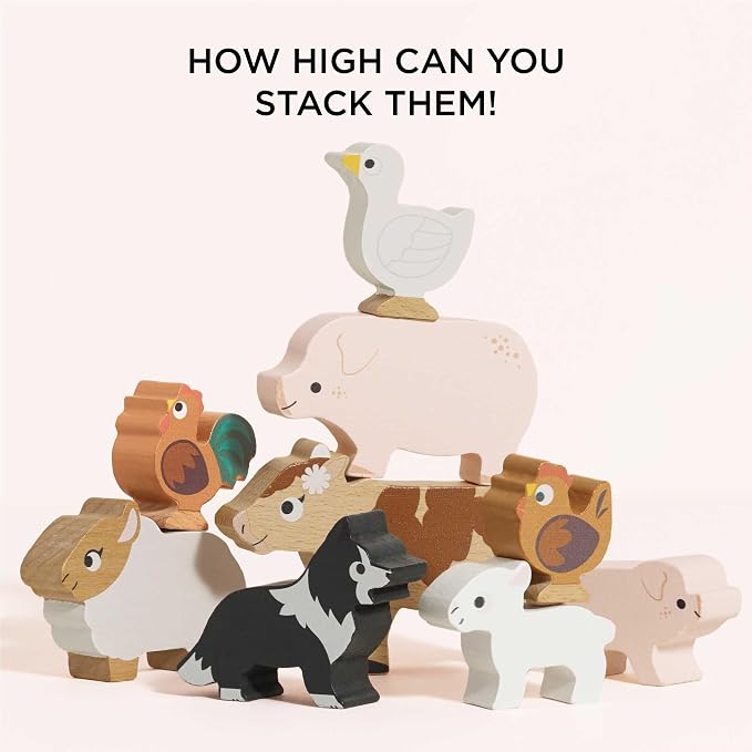 Le Toy Van Petilou Wooden Sunny Farm Stacking Animals and Bag | Farmyard Animal Building Blocks, Balancing Toy, Wooden Animal Toys for Toddlers, Suitable for 18 Months and Up