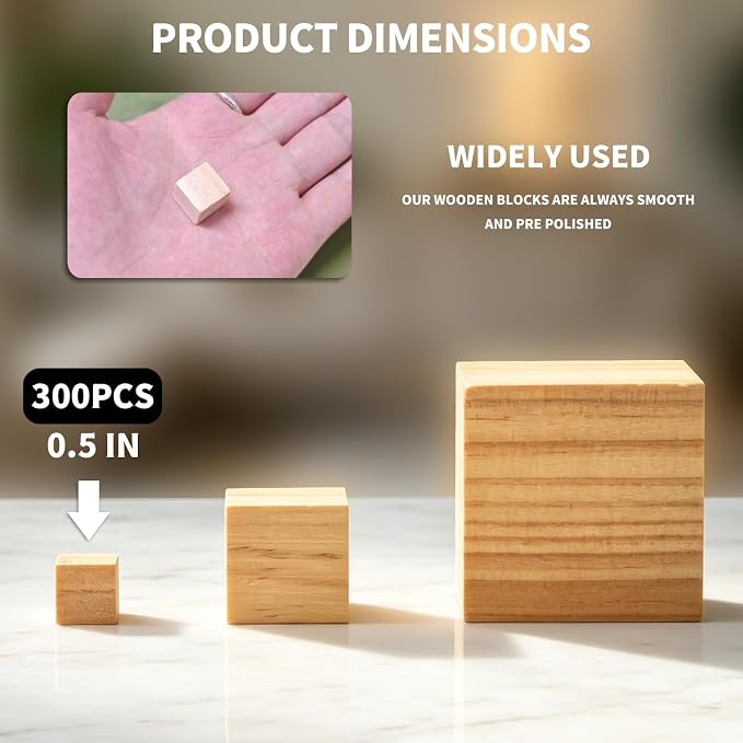 300Pcs Unfinished Wood Cubes,1/2Inch Wooden Blocks for Crafts | Blank Solid Wood Square Blocks for Painting, Craft Making, DIY,Building Model and Home Decor (300, 1/2 inch)