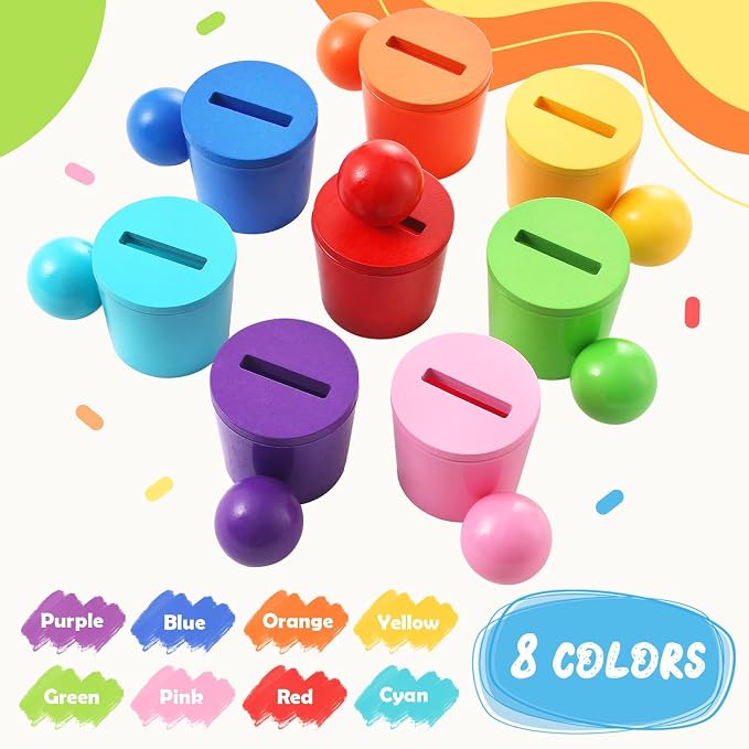 Ball in Cups Toddler Montesssori Toys, Rainbow Color Sorting Toy Coin Box Matching Game, Wooden Learning Color for Baby Toddler Fine Motor Developmental Sensory Toy