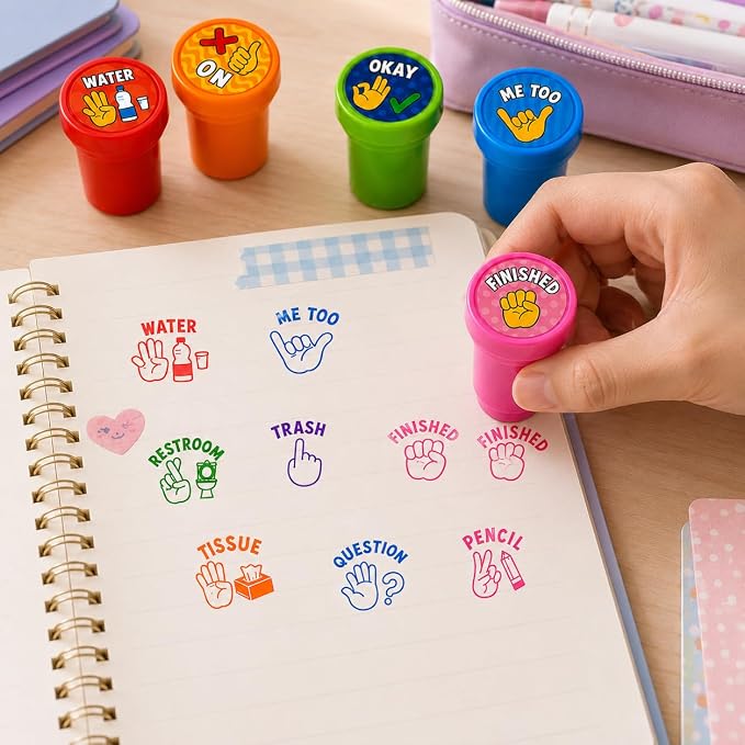 Cinrobiye 24 Pcs Hand Signal Stampers for Kids, Cute Classroom Communication Stamps, Teacher Tools, Classroom Rewards, Behavior Management, Party Favors, Goodie Bag Fillers, Small Toys