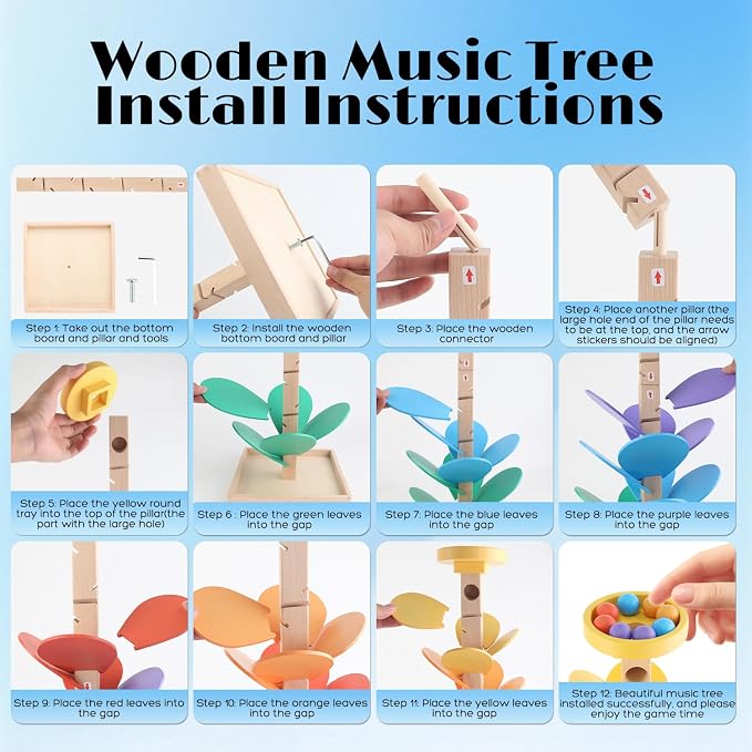 Wooden Marble Run for Kids 4-8 Music Tree Montessori Color Sorting Toys 3-5 | Wood Music Tree Toys Marble Ball Run Boys Girls Learning Color Sorting Game Birthday Gift