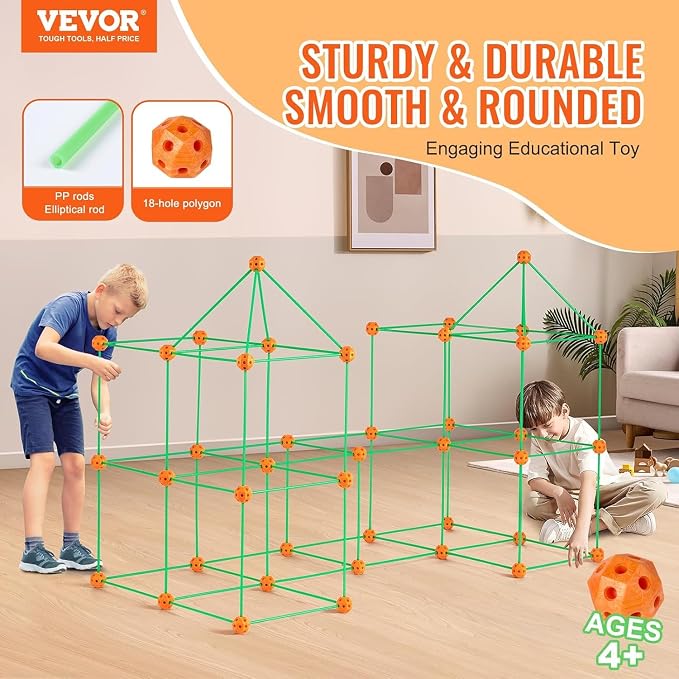 VEVOR Fort Building Kit for Kids, 140PCS Glow in The Dark STEM Building Toys, Educational Gift for 4 5 6 7 8+ Year Old Boys & Girls Indoor Outdoor Kids Fort Building Kit with 96 Rods and 44 Balls