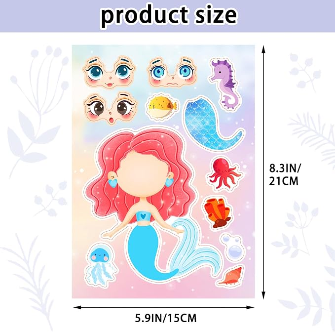 24 Sheets Make a Face Mermaid Stickers for Girls Kids Party Favors | Make Your Own Mermaid Stickers Birthday Decorations Supplies, Toddlers Crafts Activities Gifts Goodie Bags Stuffers Games
