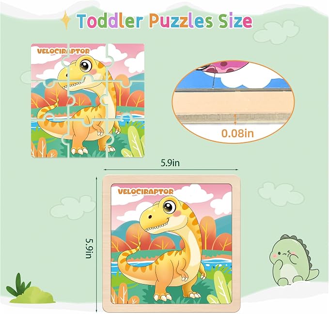 Wooden Dinosaur Puzzles for Toddlers, 8 Pack 9 PCS Jigsaw Puzzles for Kids | Wooden Puzzles for Toddlers 3-5, Dinosaur Toys for Kids 3-5, Preschool Puzzles Learning Educational Sets Toys