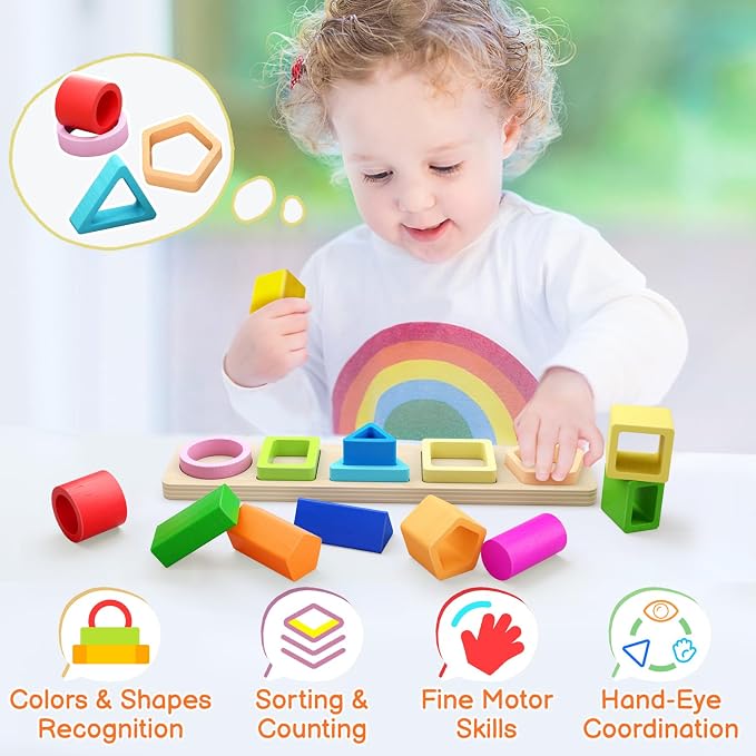 Montessori Toys for 1 2 3 Year Old Boys Girls Toddlers, Peg-Free Wooden Toy | Heightened Sorting Stacking Toys, Birthday Gift for Baby Kid Age 18+ Month, Preschool Nested 3D Shape Sorter Learning Blocks