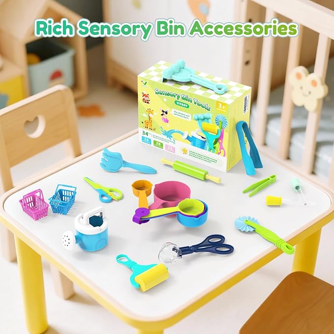 34PCS Sensory Bin Filler Tools,Fine Motor Skills Handy Sensory Bin Scooper Set with Scoops,Tweezers,Beach Shovels,Kettle,Rake,Sensory Table Bin Accessories for Counting Sorting Hammering Pounding