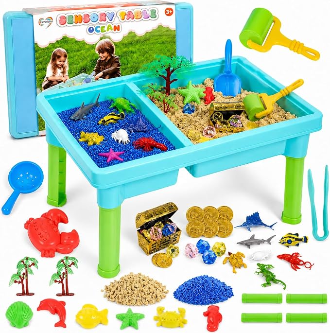Carolart Ocean Sensory Table, Sand Table, Standing Sensory Bin | Activity Table, indoor outdoor sand kit for sensory play, ocean toys and water table for boys and girls ages 3+