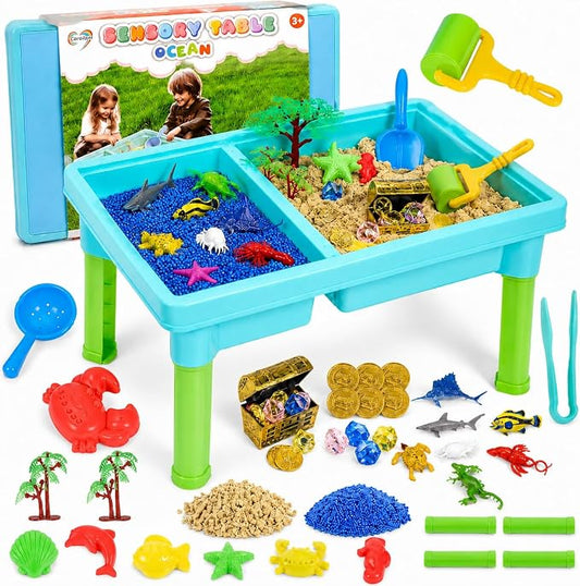 Carolart Ocean Sensory Table, Sand Table, Standing Sensory Bin | Activity Table, indoor outdoor sand kit for sensory play, ocean toys and water table for boys and girls ages 3+