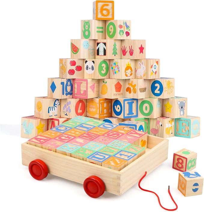 Wooden Building Blocks, Large Wood Stacking Blocks Set for Kids, 30 PCS Alphabet Blocks with Toy Wagon, Educational Wooden Toys for Boys Girls Gifts 1.65"