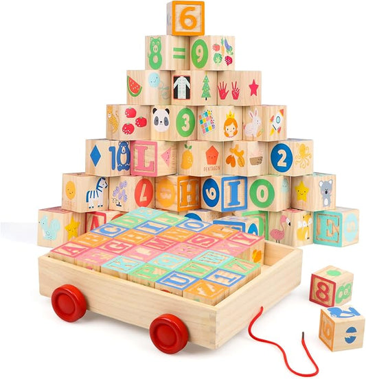 Wooden Building Blocks, Large Wood Stacking Blocks Set for Kids, 30 PCS Alphabet Blocks with Toy Wagon, Educational Wooden Toys for Boys Girls Gifts 1.65"