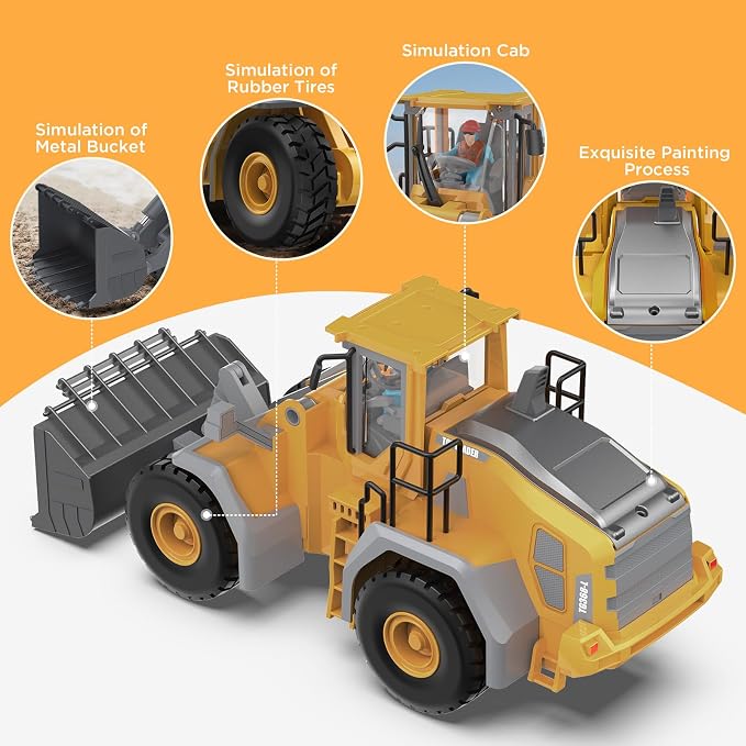 KIDMARKT Metal RC Wheel Loader Toy | 9-Channel Remote Control Construction Truck with Realistic Lights & Sounds, 1:20 Scale Rechargeable Vehicle for Boys Ages 3-12, STEM Engineering Gift for Kids 2026