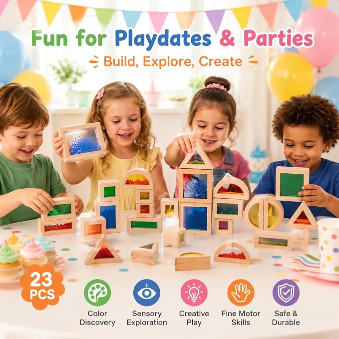 23 Pcs Rainbow Wooden Sensory Building Blocks for Toddlers,Gift for Kids | Colorful Geometric Stacking Toys with Beads, Sand & Mirror Blocks, Montessori STEM,Preschool Learning Educational Toys