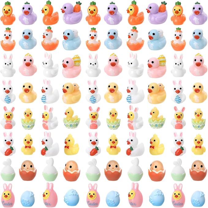 80 Pack Easter Ducks Toy Figures, Novelty Rabbit Dress up Duck | Tiny Ducks to Hide, Easter Bunny Party Favor Gift Decoration (16 Styles)