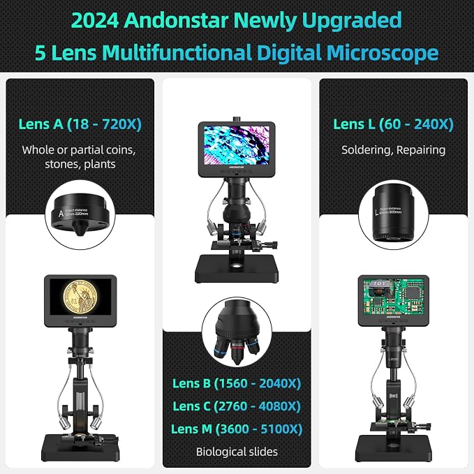 Andonstar AD266S 20X-5000X HDMI Digital Microscope, 5 Lens 2160P UHD Video | 7'' LCD IPS Screen, Metal Biological Stand, X-Y Moveable Stage, Home Lab Microscope Kit with Slides, Coin Full View