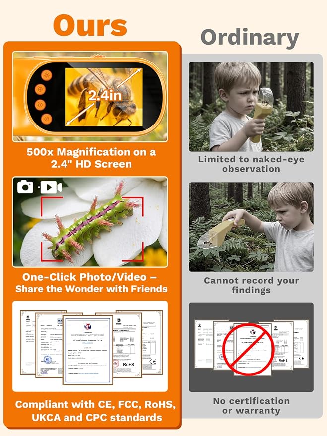 Bug Catcher for Kids with Microscope, Bug Catching Kit-Orange | Kids Microscope, Outdoor Toys with Magnifier, Tweezers & Insect Box, STEM Educational Birthday Gift for Kids Ages 3-12