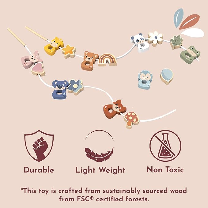 Wooden Lacing Beads Set for Toddlers 24m+ Threading Toy | animal shapes, threading beads, lacing toys, sorting & stacking toys, preschool toys, pattern color recognition, fine motor