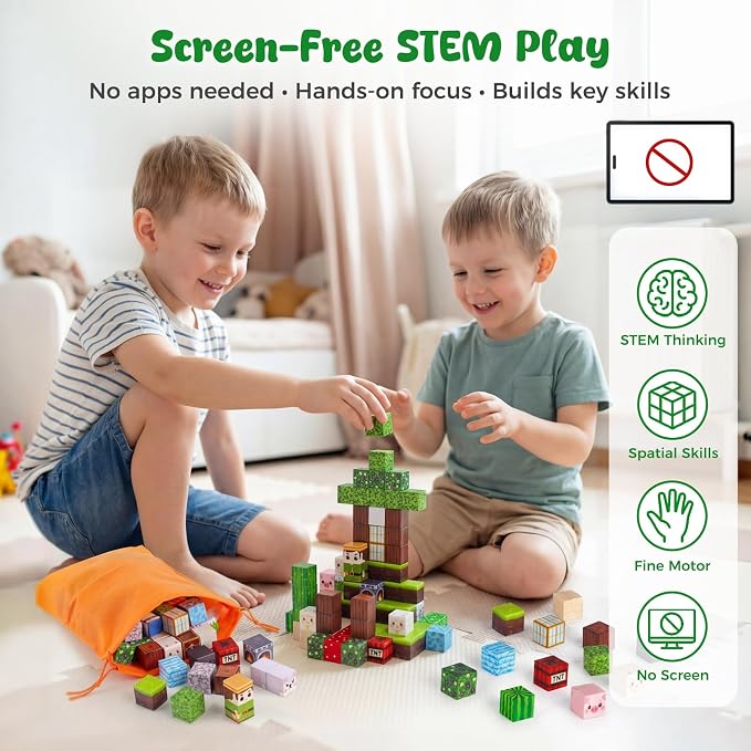 3 otters 150PCS Magnetic Blocks, with a Storage Bag, Forest Explorer | Sensory Stacking Toy for Kids, Stem Learning, Preschool, Classroom, Screenless Activities, and Birthday Gifts