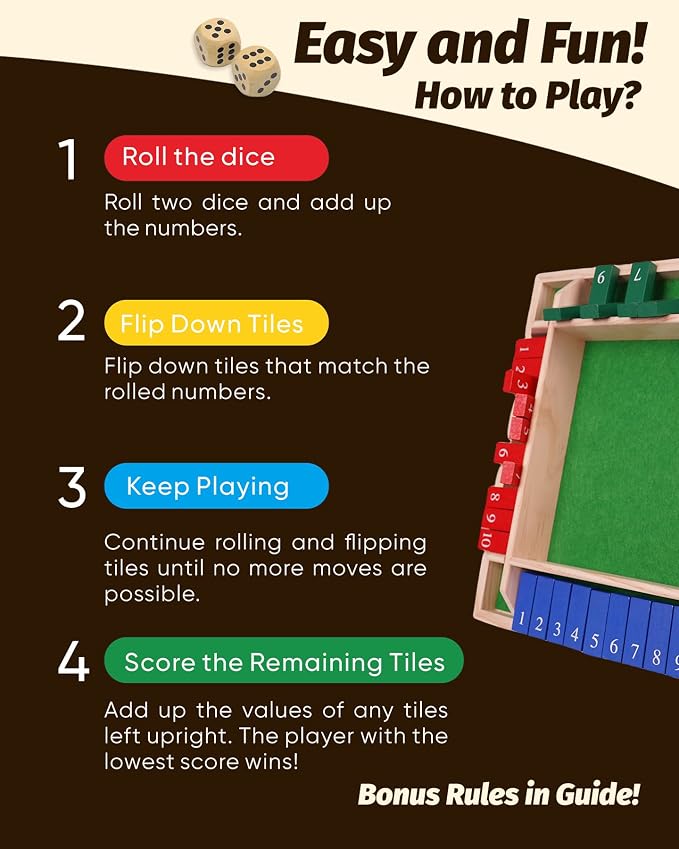 12" Upgraded Shut The Box Game Wooden Math Dice Board Game 2-4 Players | Table Games for Family Night Classroom Travel, Gifts for Group Kid Adult Senior, Camp Party Bar, Easy Quick and Fun