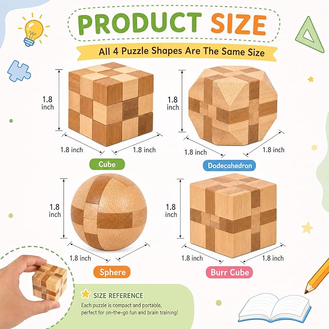 4 Pack Wooden Puzzle Brain Teasers Toy for Kids 3D Puzzles for Teens | Wooden Logic Puzzle Wood Snake Cube Magic Cube Magic Ball Brain Teaser Intellectual Removing Assembling Toy