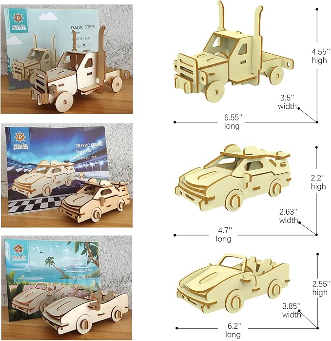 3D Wooden Car Puzzle, 6 Piece Set Wooden Car Brain Teaser Puzzles, DIY Assembly Build Model Kits, Wood Crafts STEM Gifts for for Adults & Teens Birthday Gifts Christmas