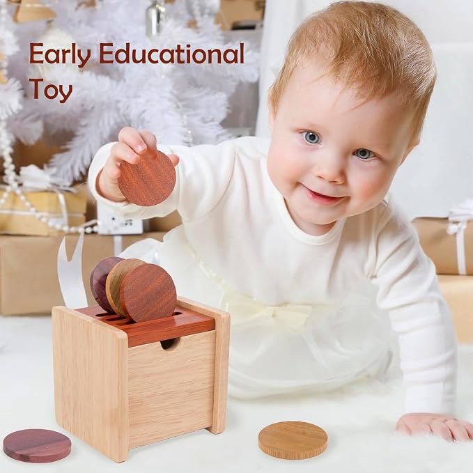 Adena Montessori Wooden Coin Box with Lid Object Permanence 6-12 Months | Solid wood smooth edges, flip lid, 6 coins, three tones. Builds grip, focus, fine motor, hand-eye. For 6-12 months. Gift.