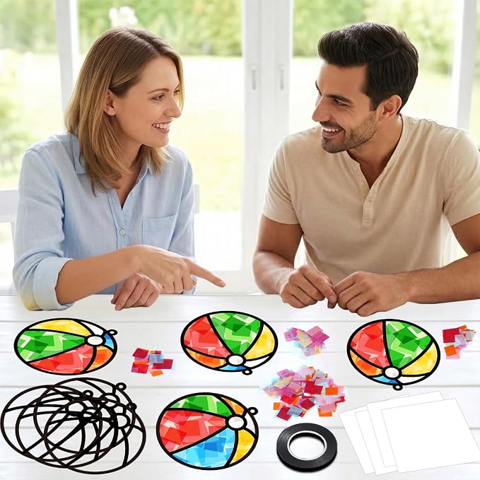 Qyeahkj 36 Set Beach Balls Suncatchers Craft for DIY Summer Party Paper Craft Kit Game Beach Balls Stained Glass Window Ornaments Decoration for Home Art Project Party Favor Gift