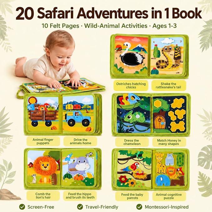 Gigilli Busy Book for Toddlers 1-3, 20 Activities Montessori Toy Busy Board | 6 Finger Puppets, Wild-Animal Educational Learning Quiet Activity, Travel Toys Birthday Gifts for Boys Girls