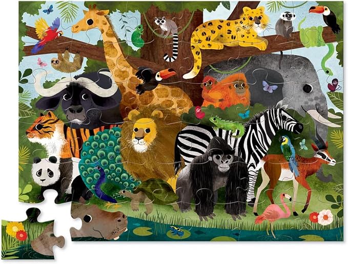 Crocodile Creek 36-Piece Jigsaw Floor Puzzle - Fun Floor Puzzles for Kids Ages 3-5 - Heavy-Duty Shaped Box for Storage - Jungle Friends - 24" W x 18" H Finished