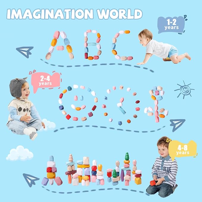 48 Pcs Wooden Stacking Rocks Building Blocks Montessori Toys for 3 Year Old | Blancing Stacking Stones Games Preschool Learning Activities Fine Motor Skills Toys, Birthday Gifts for 3 4 5 Year Old Kids