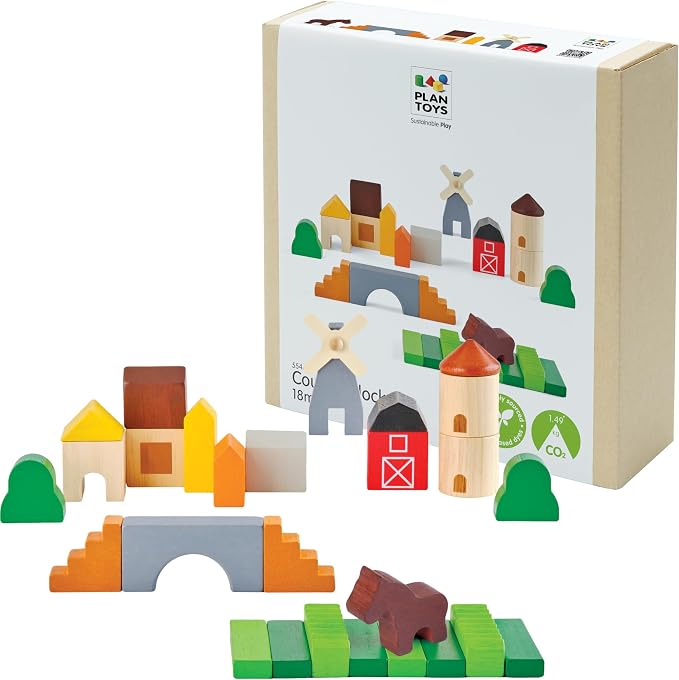 PlanToys® Country Blocks Wooden Montessori Building Imaginative Kids Play | shapes, houses, construction toys, sorting & stacking toys, girls, boys, spatial STEM fine motor creative gift set preschool