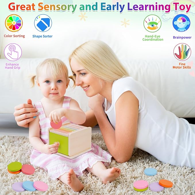 FCSONU Toddlers Montessori Coin Box Toys for 1 2 3 Year Old Boys Girls Baby | Wooden Baby Toys|Fine Motor Skills Toys, Kids Learning Color Sorting & Stacking Sensory Toys, Easter Christmas Birthday Gifts