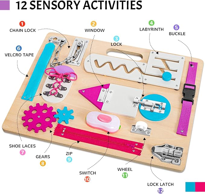 Toddlers Busy Board, Montessori Busy Board for Age 1, Wooden Sensory Toys | Preschool Learning Activities, Basic Life Skills, Fine Motor Skills, Educational Birthday Gifts for Kids Ages 1 2 3 4, Pink