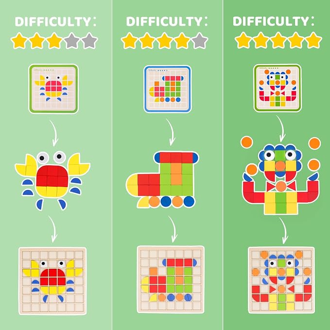 Wooden Pattern Blocks with Grid Board 142PCS Wood Mosaic Tiles Montessori Shape Puzzle Tangrams for Kids with Storage Bag Preschool Educational Toys for Boys Girls Ages 3+