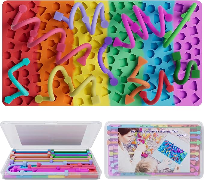 Sensory Activity Board for Kids Boys Girls, Fidget Toys for Stress Anxiety Autistic ADHD, Fidgets for Classroom Travel Airplane Toys for 3+ Year Old, Portable Travel Storage Box & 14 Strings