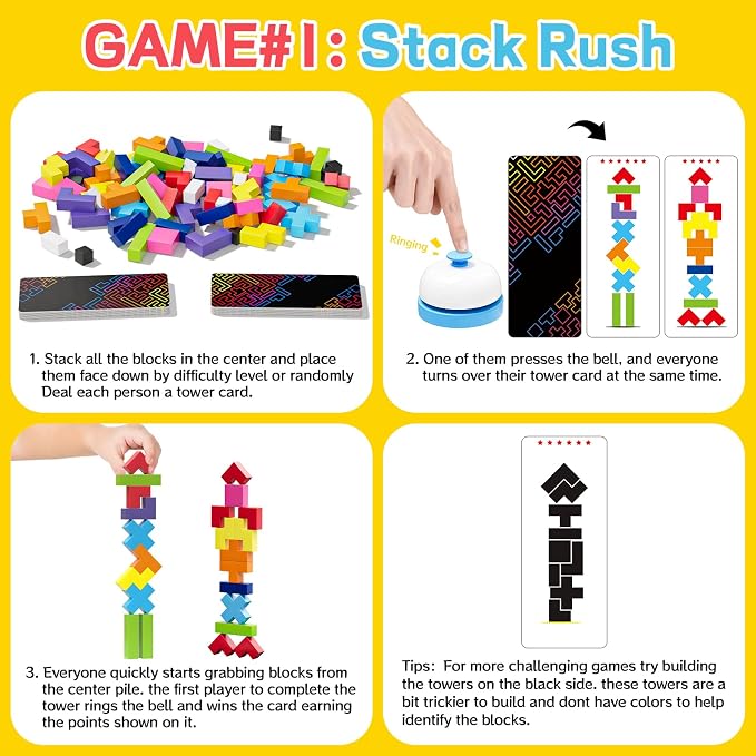 Wooden Block Stacking Games 120Pcs, 1-6 Players, Ages 4+ | 4 More Ways to Play Fast-Paced Building Block Game for Party Game Night, Classroom Challenging Board Games for kids (Blue)
