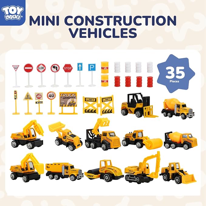 TOY Life 35-Pc Construction Vehicles, Trucks & Cake Toppers, Kids Ages 3-8