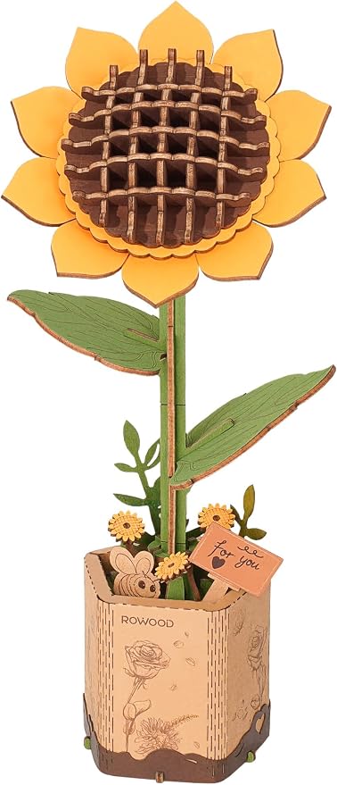 rowood 3D Wooden Puzzles for Adults, Mother's Day DIY Artifical Flower Craft Kit,Botanical Collection Home Decor, Valentine's Day/Thanksgiving Day/Christmas/Birthday Gift -Sunflower