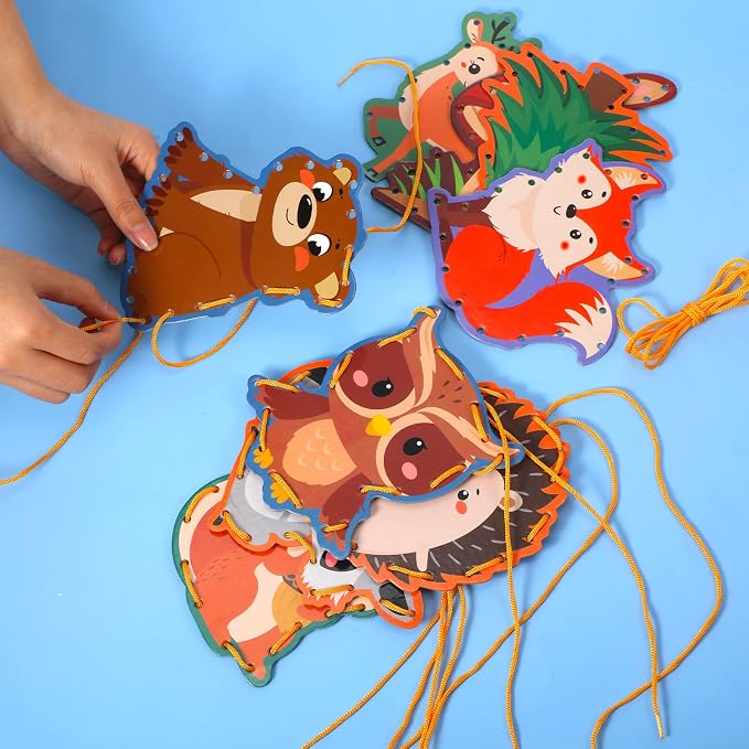 Pajean 10 Pcs Kids Lacing Cards Double Sided Animal Sewing Cards Kits 10 Styles Lacing Toy Crafts for Toddler Ages 6+ Developing Imagination Preschool Learning Activity Supplies(Forest Animals Style)