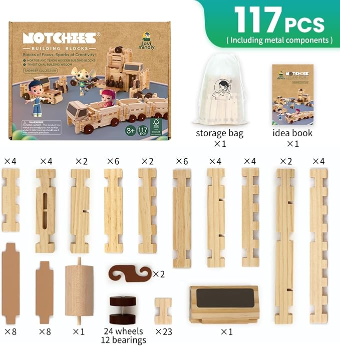 Jovi-mindly＆Notchies C117PCS Wooden Blocks Car Set Wooden Blocks with Wheels＆Vehicle Stickers|Preschool Learning Toys Wood Blocks Building for Kids Ages 3+ Creative Construction Birthday Toys Gifts