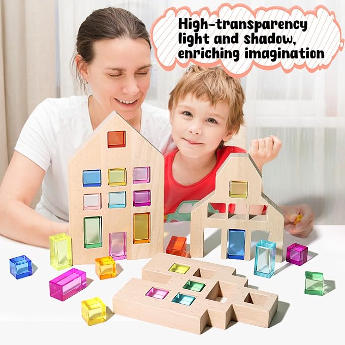 25 Pcs Rainbow Acrylic Building Blocks with 3 Beech Wood Houses, Dual Insert & Stack Sensory Toy, Light Refraction Gem Blocks, Montessori Creative Educational Gift for Toddler Boys Girls 1-5 Years Old