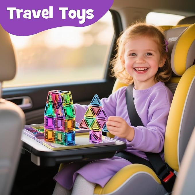 42PCS Magnetic Tiles Travel Storage Mini STEM Blocks Iron Box 3-8 | Portable Montessori educational magnetic building tiles for airplane, car rides & on-the-go creative play, durable and fun
