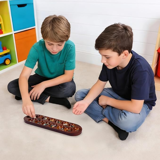 Offelec Wooden Mancala Board Game Set, Large 15.8 Inch Folding Board with 100 Multi Color Stones, 2-Player Classic Family Strategy Game for Kids & Adults, Portable Travel Mancala with Instructions