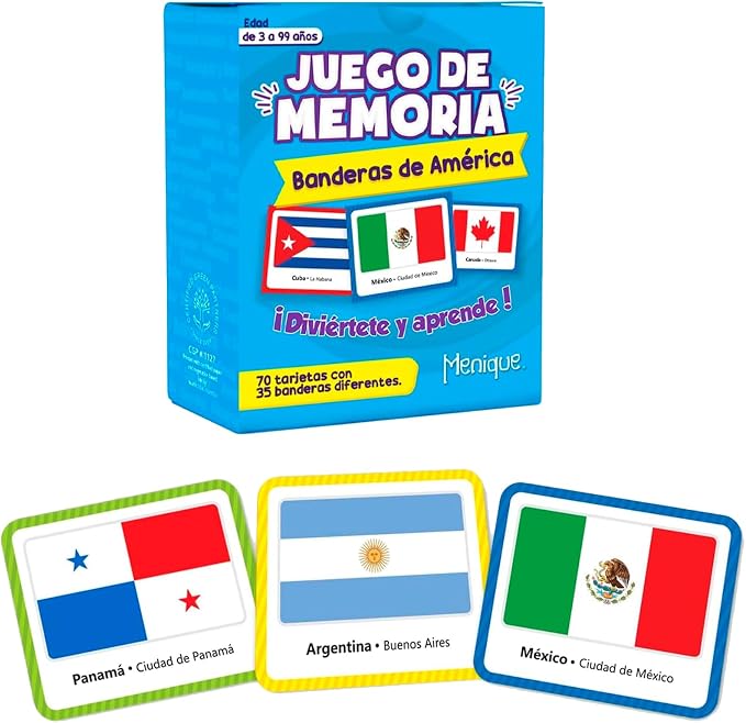 Menique Flags of the Americas Memory Matching Game – Spanish Edition – 70 Cards (35 Pairs) with Flags, Countries & Capitals – Educational Matching Game in Spanish for Kids and Adults