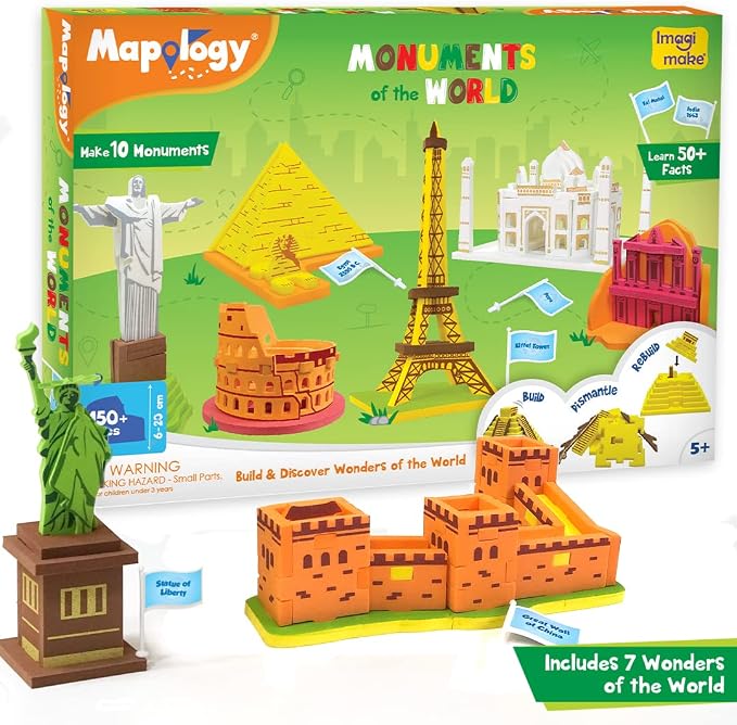 Imagimake Mapology - Monuments of the World, Build 10 Famous Landmarks | Educational 3D Puzzle, Learn Geography & 50+ Facts, Back to School Gift for Boys & Girls Ages 5,6,7,8,9,10,11,12 Years Old