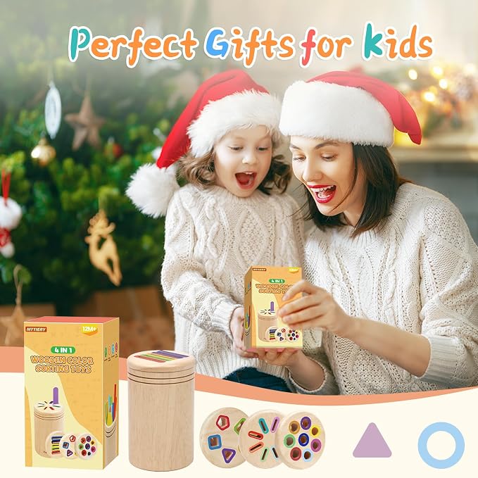 4 in 1 Wooden Color Sorting Toy, Montessori Toys for 2 3 4 Year Old | Fine Motor Skills Preschool Learning Sensory Toys for Toddlers 1-3, Educational Sorting Matching Games, Baby Boys Girls Gifts