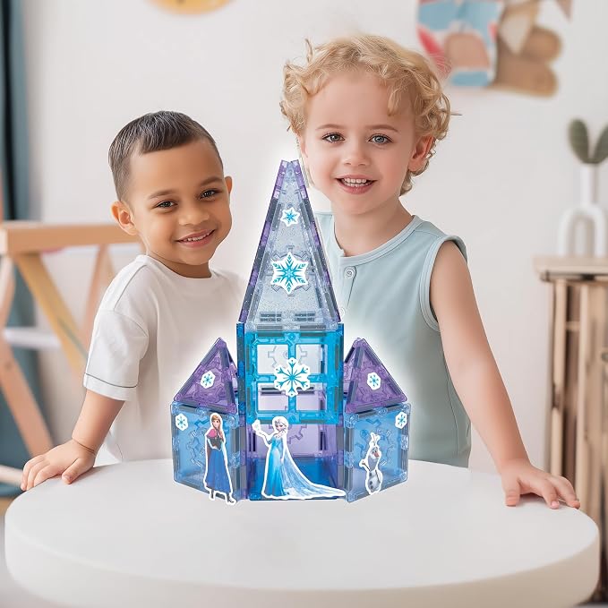 Tytan Toys Disney Frozen Magnetic Tiles Princess Castle - 20-Piece STEAM Building Set with Glitter Tiles & Elsa, Anna, Olaf Stickers - Educational Frozen Toys for Girls Age 3-4+