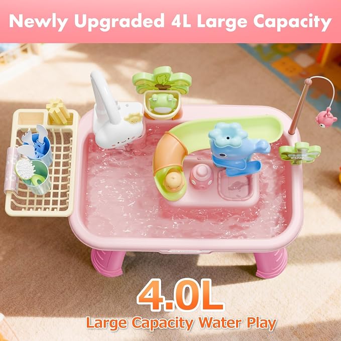 Water Table for Toddlers 1-3 Fishing & Sink Pink | Kids Sand Water, 43 Accessories 4L Basin, Fishing & Kitchen Sink Play. Perfect Summer Gift for Kids Ages 3-8