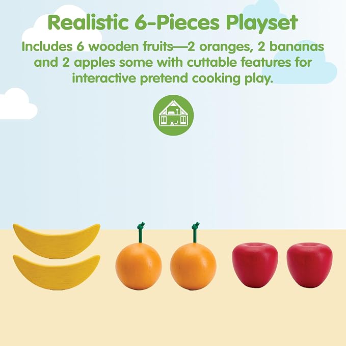PlanToys® Wooden Fresh Produce Set Apples, Oranges & Bananas Sliceable Kids | slicing, fruit basket, pretend food, fruits and vegetables toys, girls, boys, fine motor role play imaginative social gift